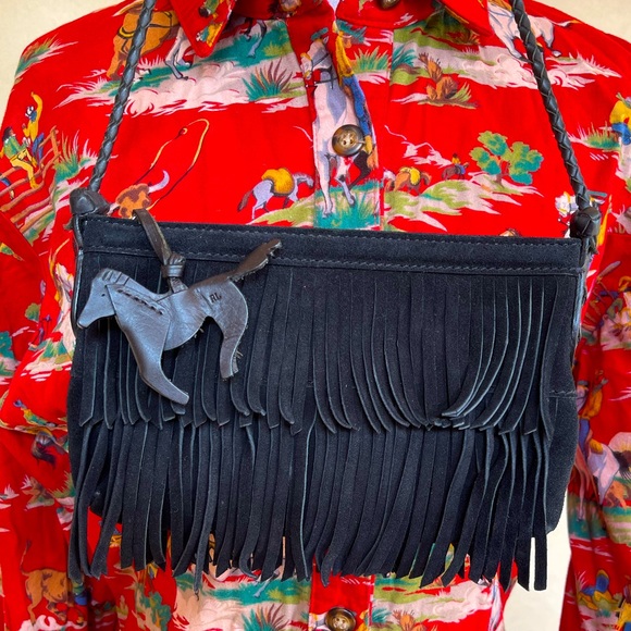RALPH LAUREN Black Suede Fringed Bag w/Horse Charm - Picture 4 of 12